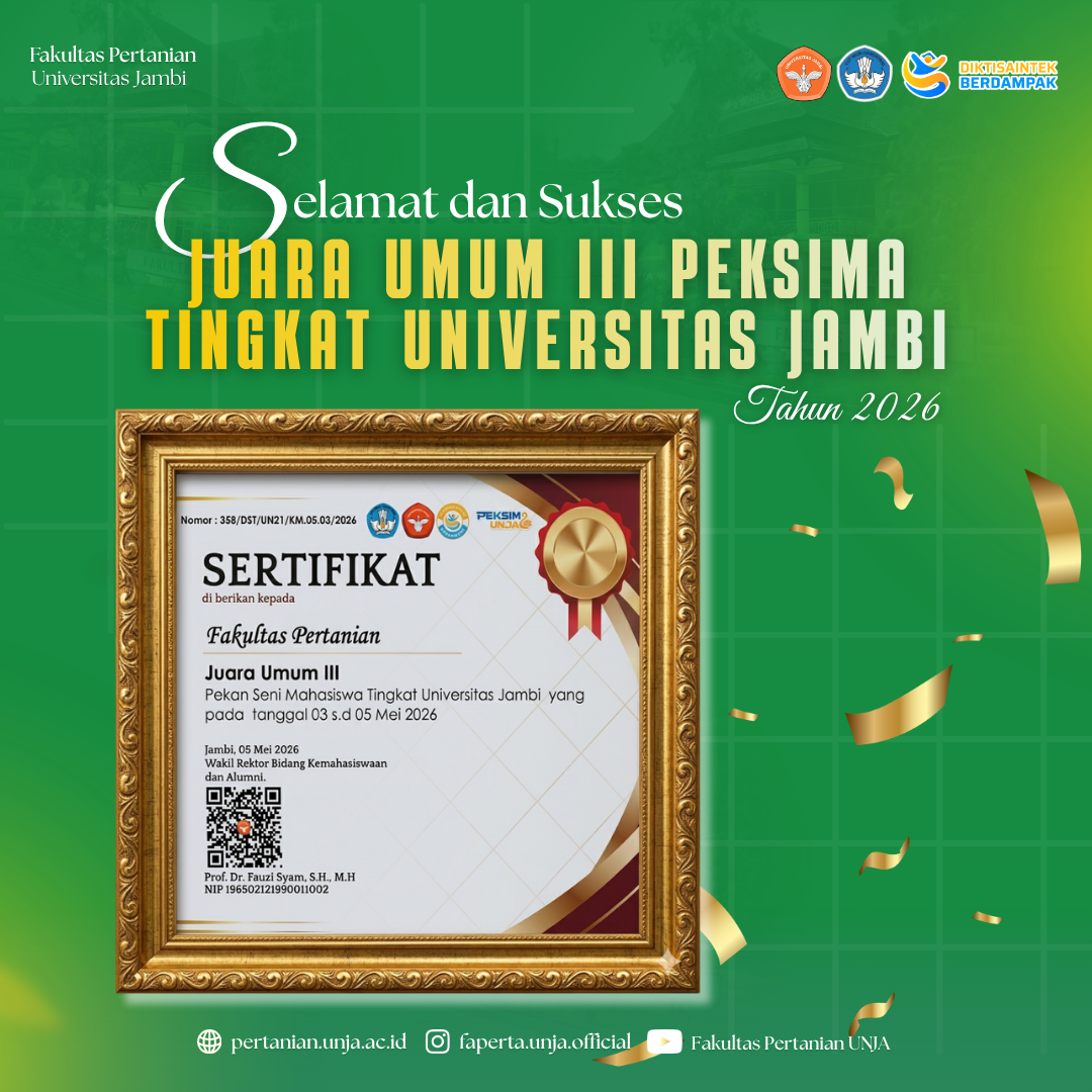 Faperta Universitas Jambi Raih Juara Umum III PEKSIMA 2026: Bukti Kreativitas Bersanding dengan Semangat Akademik Faperta Universitas Jambi Raih Juara Umum III PEKSIMA 2026: Bukti Kreativitas Bersanding dengan Semangat Akademik